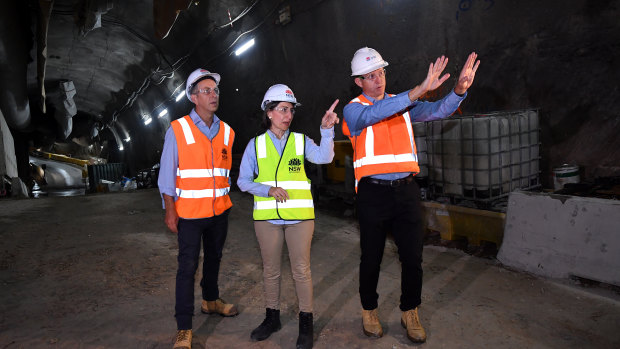 Transport Minister Andrew Constance, Premier Gladys Berejiklian and Transport for NSW secretary Rodd Staples inspect the station site.