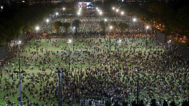 An aerial view of a vigil in Victoria Park, Hong Kong to mark the 31st anniversary of the Tiananmen Square Massacre.