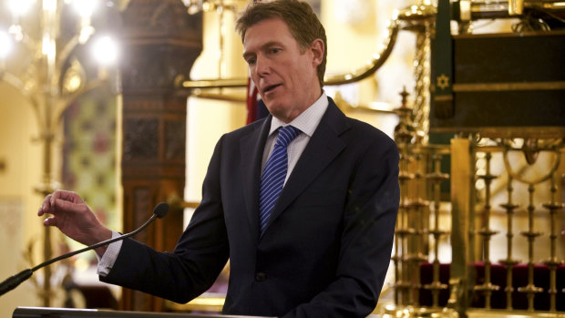 Attorney-General Christian Porter delivers a speech announcing the release of an exposure draft of the Religious Discrimination Bill on Thursday at the Great Synagogue in Sydney. 
