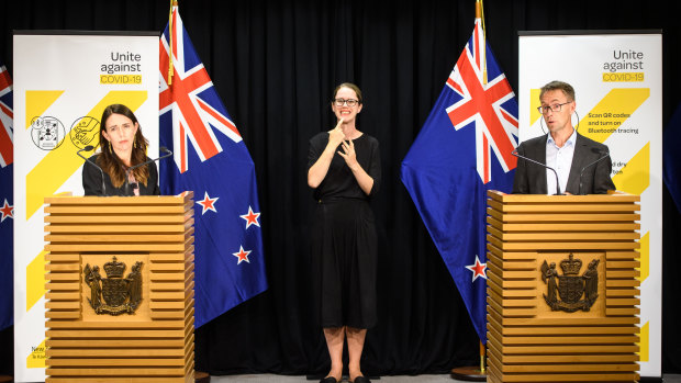 Prime Minister Jacinda Ardern and Dr Ashley Bloomfield speaking with the media on Sunday.