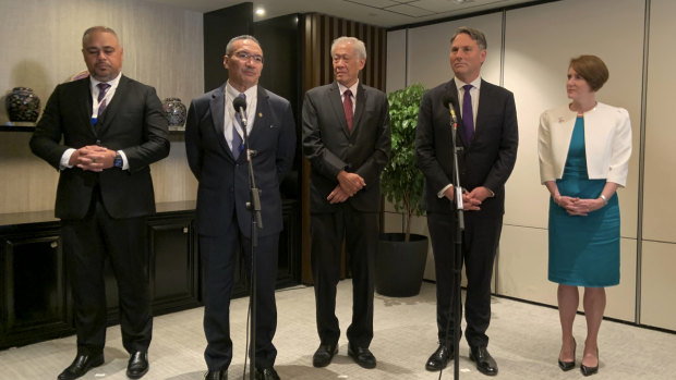 Richard Marles, second from right, joins a meeting of the Five Power Defence Arrangements on Saturday with New Zealand’s Peeni Henare, Malaysia’s Hishammuddin Hussein, Singapore’s Ng Eng Hen and British High Commissioner to Singapore Kara Owen.