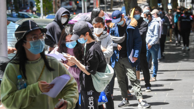 Melburnians queue for testing on Russell Street in the CBD on Monday.