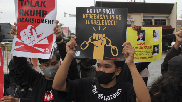 Protesters demonstrate against Indonesia’s new criminal law in Yogyakarta this week.