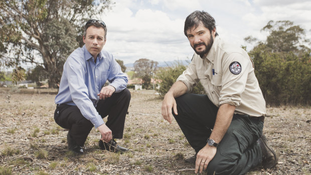 Two cane toads have been discovered in Canberra.
From left, Director of ACT Parks and Conservation Daniel Iglesias, and pest officer Ollie Orgill.