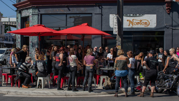 Women motorcyclists gather in Brunswick East on Saturday before hitting the road.