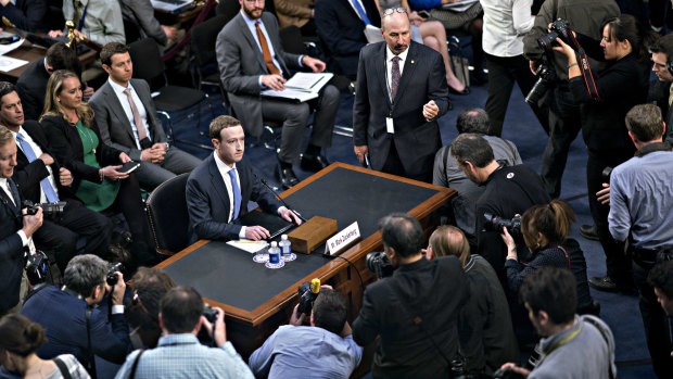 Facebook CEO Mark Zuckerberg testifying before a joint hearing of the Commerce and Judiciary Committees.