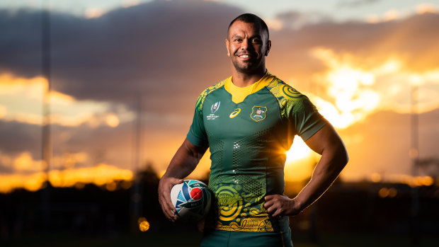 Kurtley Beale in Australia's away strip for the Rugby World Cup, featuring the popular Indigenous jersey design by Dennis Golding. 