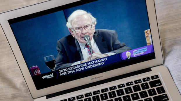 Sign of the times: Billionaire investor Warren Buffett addressed Berkshire Hathaway shareholders in an online meeting this year.