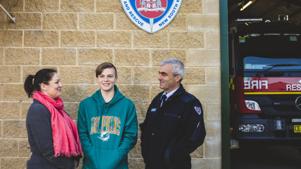 TJ Campagna and his mum Alanna, who were involved in a crash on the Kings Highway in 2017, reunite with the Braidwood firefighters who were first on the scene after the crash, including Tim Wimborne.