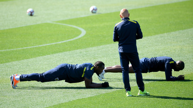 Newcomer: Usain Bolt stretches at Central Coast Stadium on Tuesday morning. 