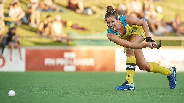 Hockeyroos return: Georgina Morgan takes on Great Britain earlier this month in a FIH Pro League match in Perth.