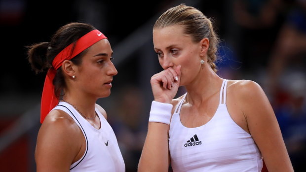 France's Caroline Garcia (left) and Kristina Mladenovic during their doubles clash against Romania.