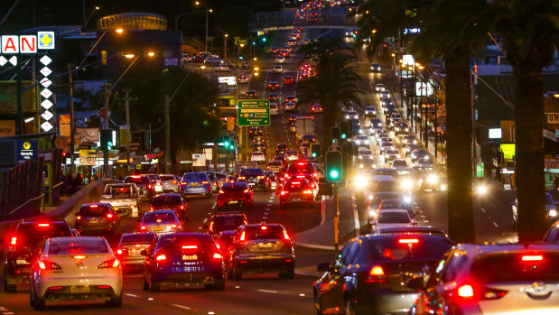 Peak hour traffic heading south towards Hurstville on King Georges Road at Beverly Hills. 