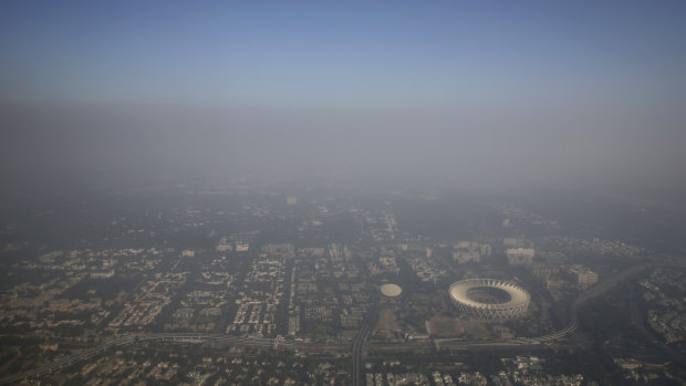 Smog envelopes the horizon in New Delhi.