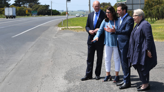 Matthew Guy inspects the tarmac with David Hodgett MP, Roma Britnell MP, Victorian Opposition Leader Matthew Guy and Liberal candidate Bev McArthur