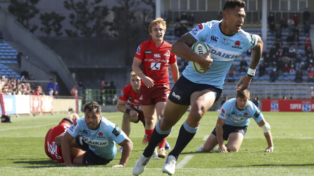Started well: Israel Folau crosses for a try against the Sunwolves in Tokyo in round two.