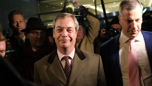 Brexit Party leader and member of the European Parliament Nigel Farage departs following a historic vote for the Brexit agreement.