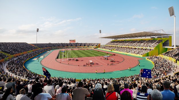 A high-resolution colour render of the Queensland Sport and Athletics Centre obtained via RTI. It had previously only been available in black and white. 