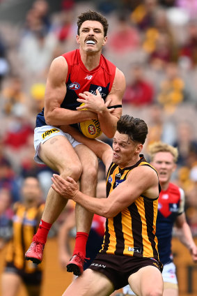 Jake Lever pulls in a strong mark for Melbourne.