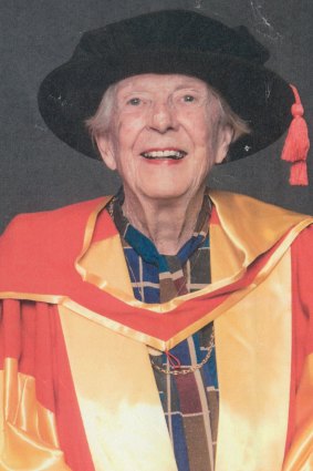 Maev O’Collins gets her honorary Australian Catholic University doctorate in 2019.