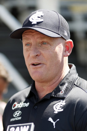 New Carlton coach addresses the media at the Blues’ return to preseason training at Ikon Park.