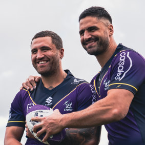 Kenny Bromwich (left) and his brother Jesse at the Storm. They are only the second brothers to both play 200 games at one NRL club.