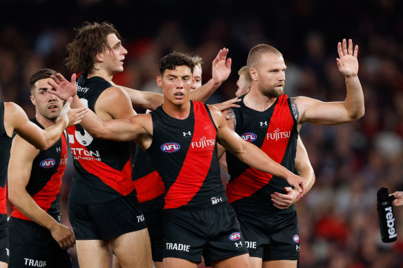 Jake Stringer of the Bombers celebrates a goal.