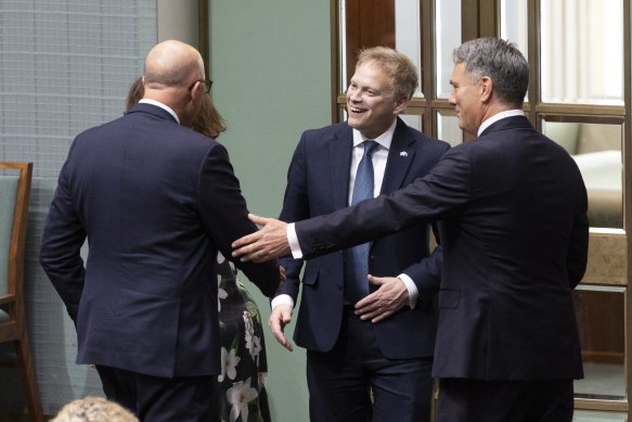 Opposition Leader Peter Dutton and Minister for Defence Richard Marles greet Grant Shapps, Secretary of State for Defence of the United Kingdom during question time.