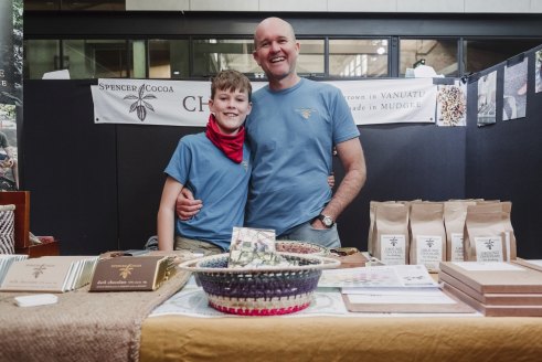 Luke Spencer, from Spencer Cocoa, and his son, Sam, 11, drove from Mudgee, New South Wales, to the festival at Abbotsford Convent.