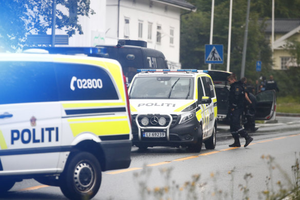 The scene of a shooting inside the al-Noor Islamic centre mosque in Baerum, near Oslo on Saturday.