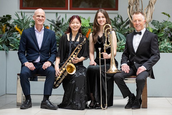 Music director Jason Ziino, Anna Yamazaki on saxophone, Jasmine Richards on trombone and band director Andrew O’Connell.