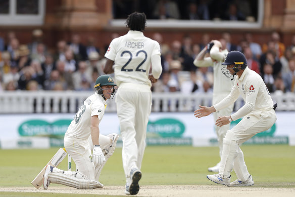 Marnus Labuschagne gets to his feet after being hit by Jofra Archer.