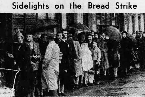 Day one of the bread crisis. Melbournians line up to secure some of the dwindling bread supply.