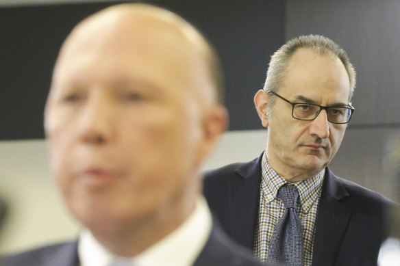 Then-Home Affairs secretary Michael Pezzullo (right) with then-minister Peter Dutton in 2020.