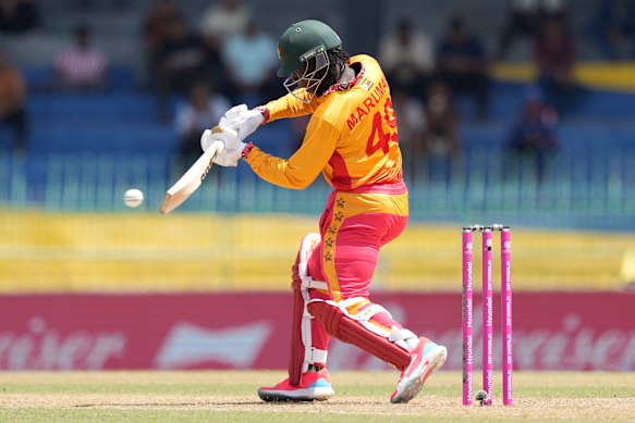 Zimbabwe's Tadiwanashe Marumani takes the shot.