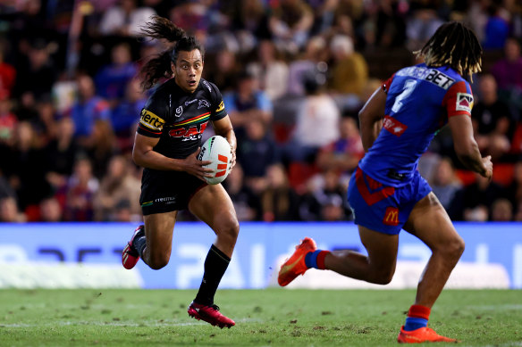 Jarome Luai’s hair flies in the wind.