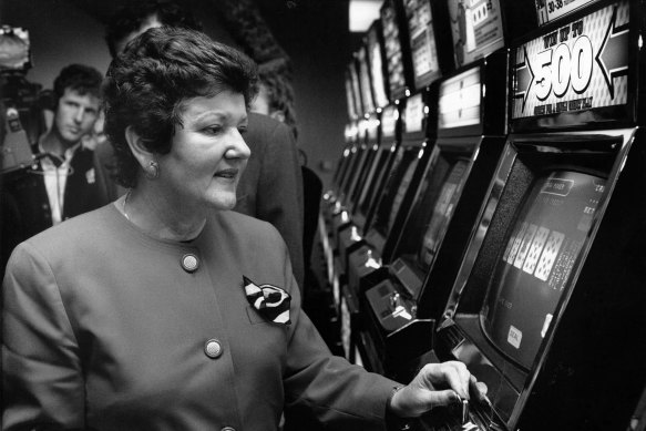 The big gamble: Premier Joan Kirner in August 1992 with one of the state’s first legal gaming machines at Windy Hill.