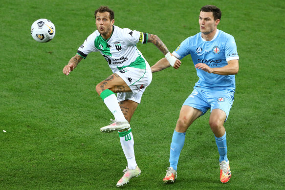 Alessandro Diamanti gets the ball for Western United ahead of Melbourne City’s Curtis Good last week.