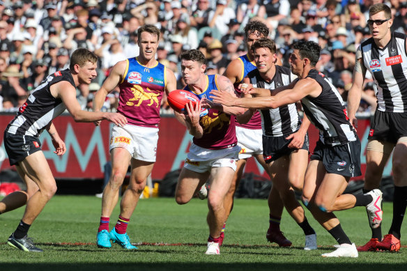 Lachie Neale in action for the Brisbane Lions in last year’s grand final at the MCG. 