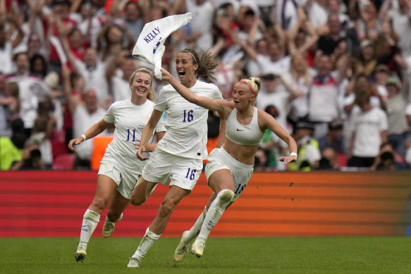 England’s Chloe Kelly celebrates after scoring England’s second goal in the European Championship final at Wembley in front of more than 80,000 fans.