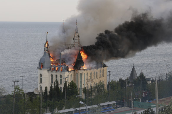 A building of the Odessa Law Academy is on fire after a Russian missile attack in Odessa, Ukraine.