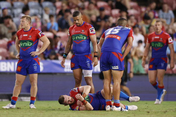 Knights halfback Jackson Hastings ended the game off the field for a concussion check.