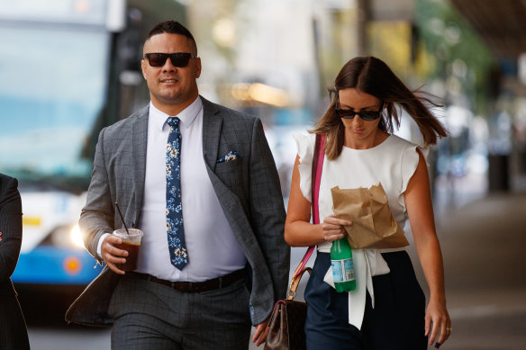 Jarryd Hayne outside court on Tuesday with his wife Amellia Bonnici.