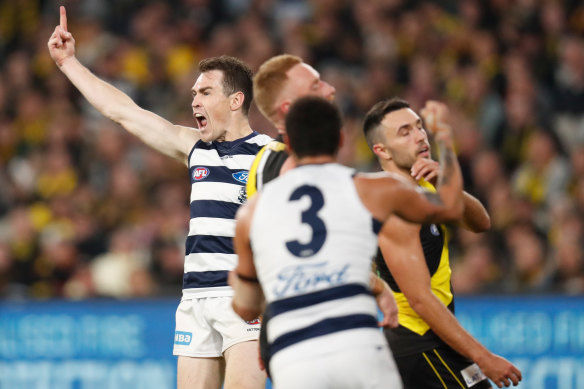 Pointing to victory: Geelong’s Jeremy Cameron.