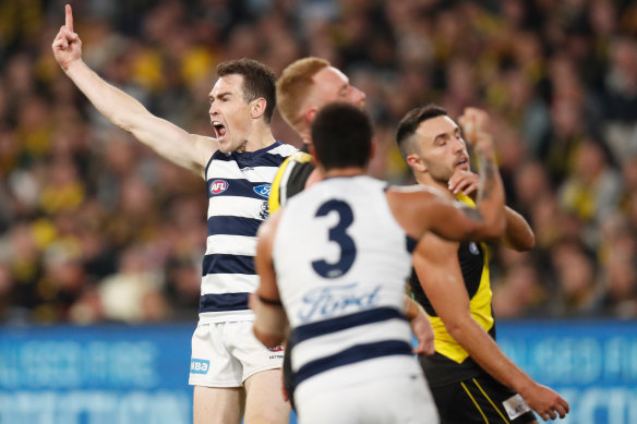 Pointing to victory: Geelong’s Jeremy Cameron.