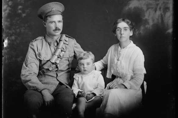 A portrait of soldier Wane Cherrie with wife Elizabeth and son Neil in Marrickville in April 1916.  Cherrie was killed in Belgium in September 1917 when his dugout was hit by a shell.  His son, Neil, served in World War II and was taken as a prisoner of war, but survived. 