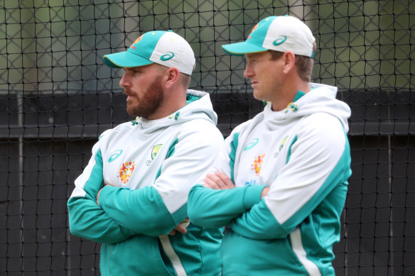 Aaron Finch with Australia’s chairman of selectors, George Bailey.