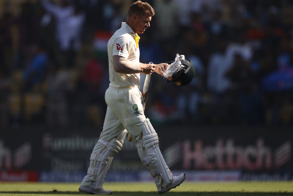 David Warner trudges off in the first innings in Nagpur.