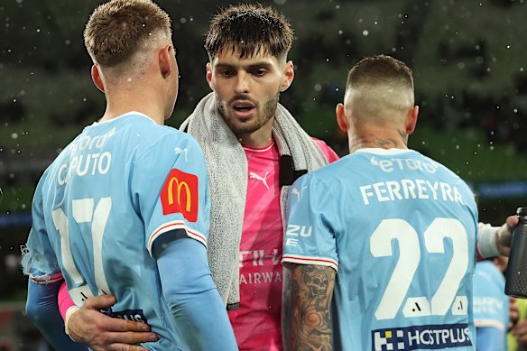 Melbourne City goalkeeper Patrick Beach playing locally in November 2025.
