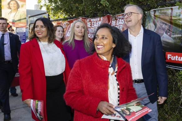 Incoming Higgins MP Michelle Ananda-Rajah campaigning with Anthony Albanese during the election. 